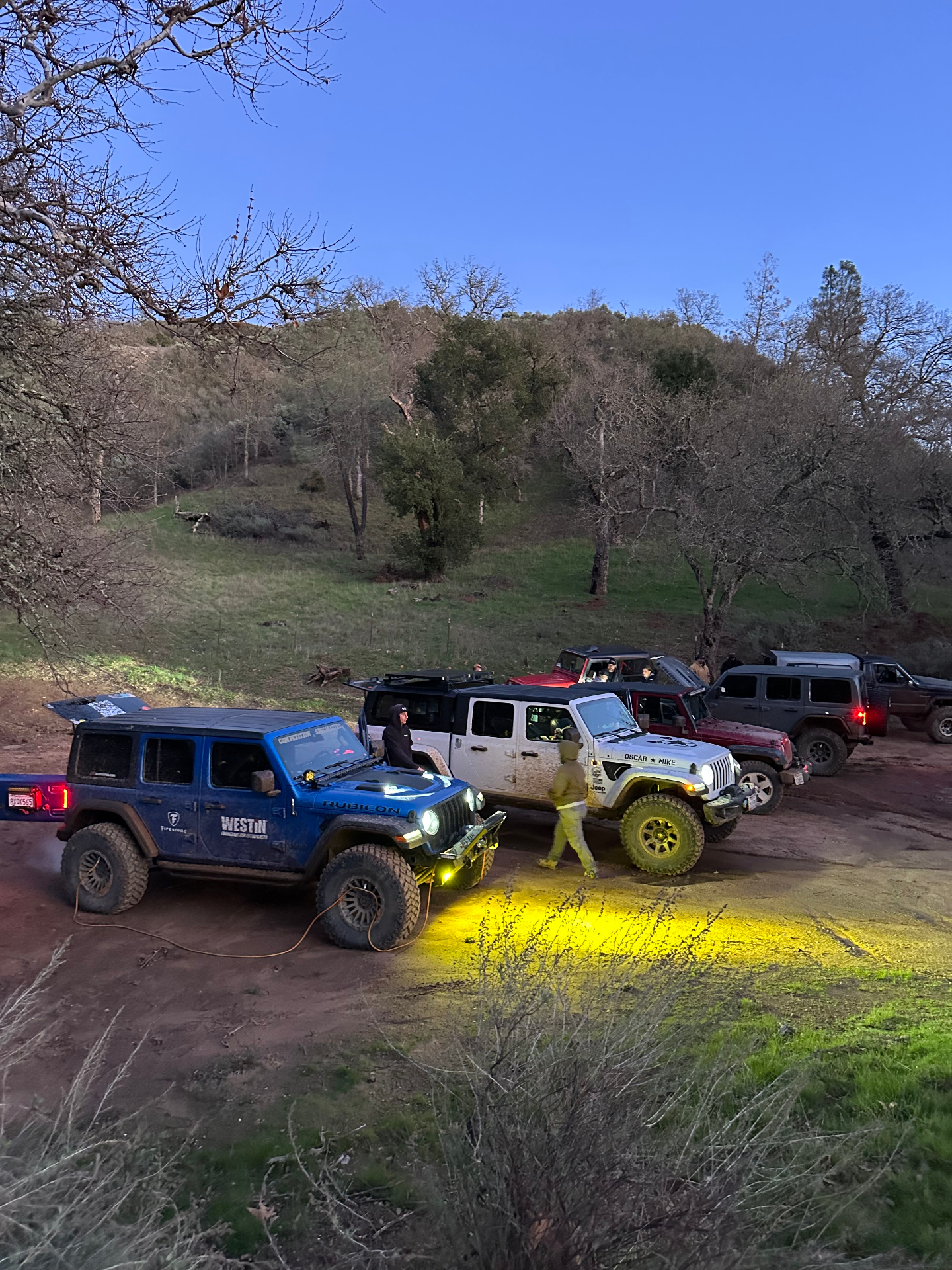 Group of Jeeps staged on a dirt clearing before an offroad expedition